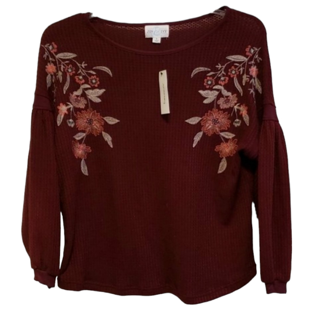 Brand New Jun & Ivy Waffle Knit Boho Embroidered Long Sleeve Top Small